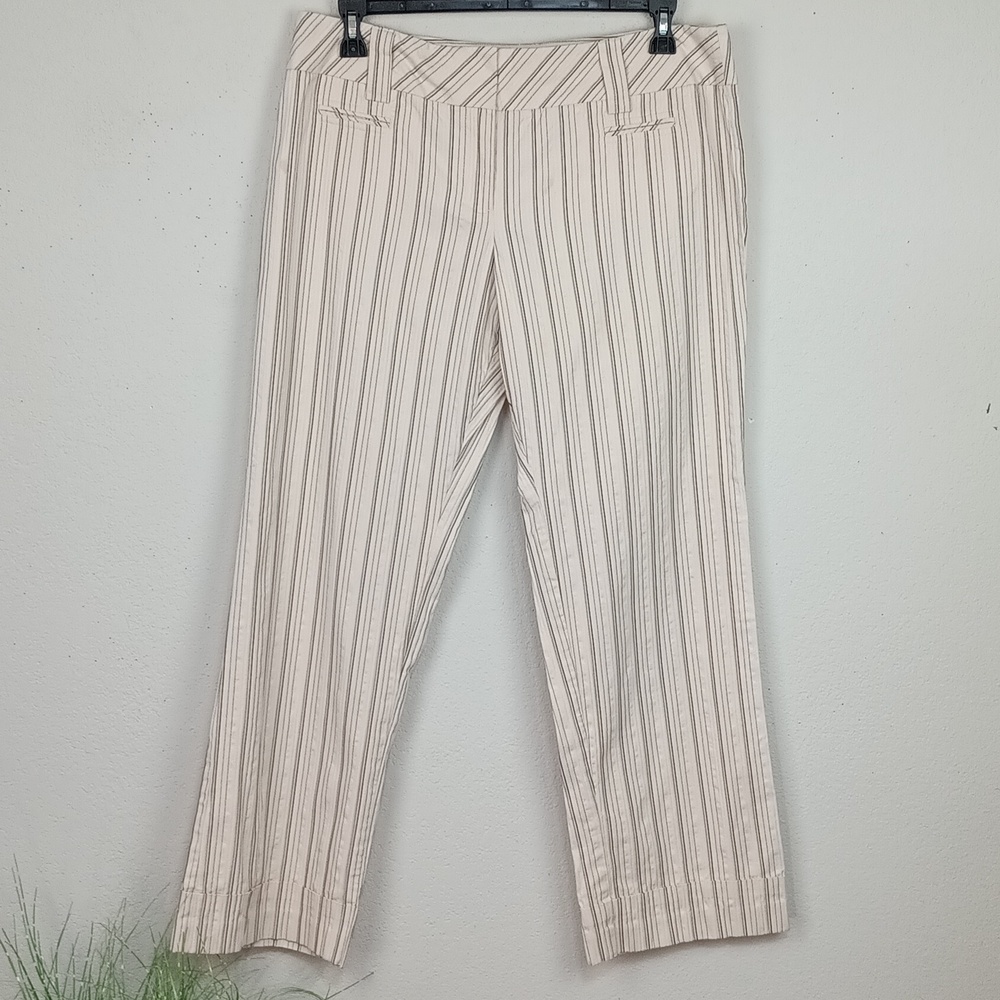 LOFT Women Marisa Cream  Tan Pin Striped Mid Rise Straight Wide Leg Pants sz 14